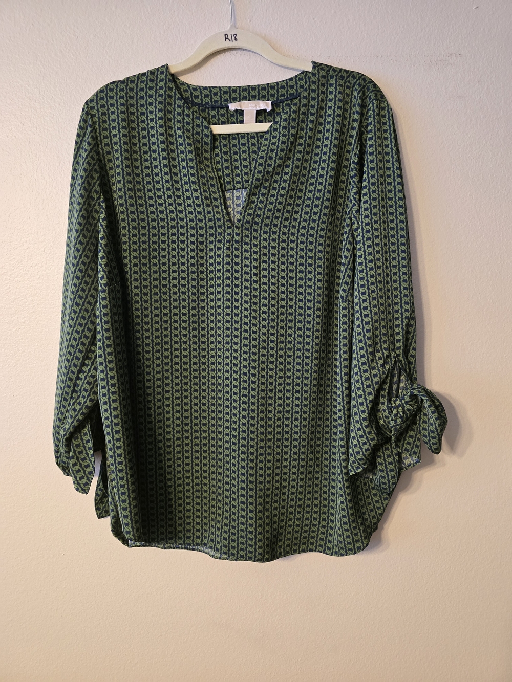 Michael Kors Green Patterned V-Neck Women's Blouse